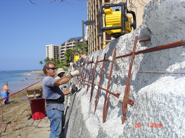 The seawall protecting Kahana Beach Resort experienced spalling and rusting of the structural rebar.