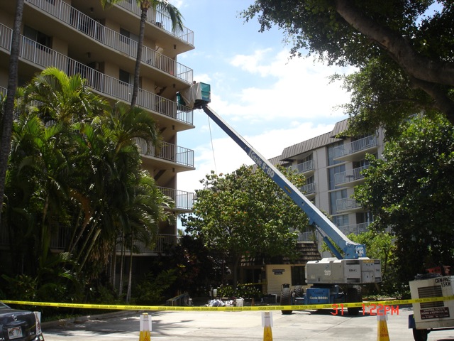 A boom lift was used to accomplish the repairs.